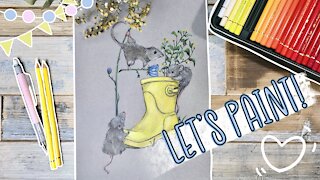 Field mouse with flowers pencil art Paint with me video