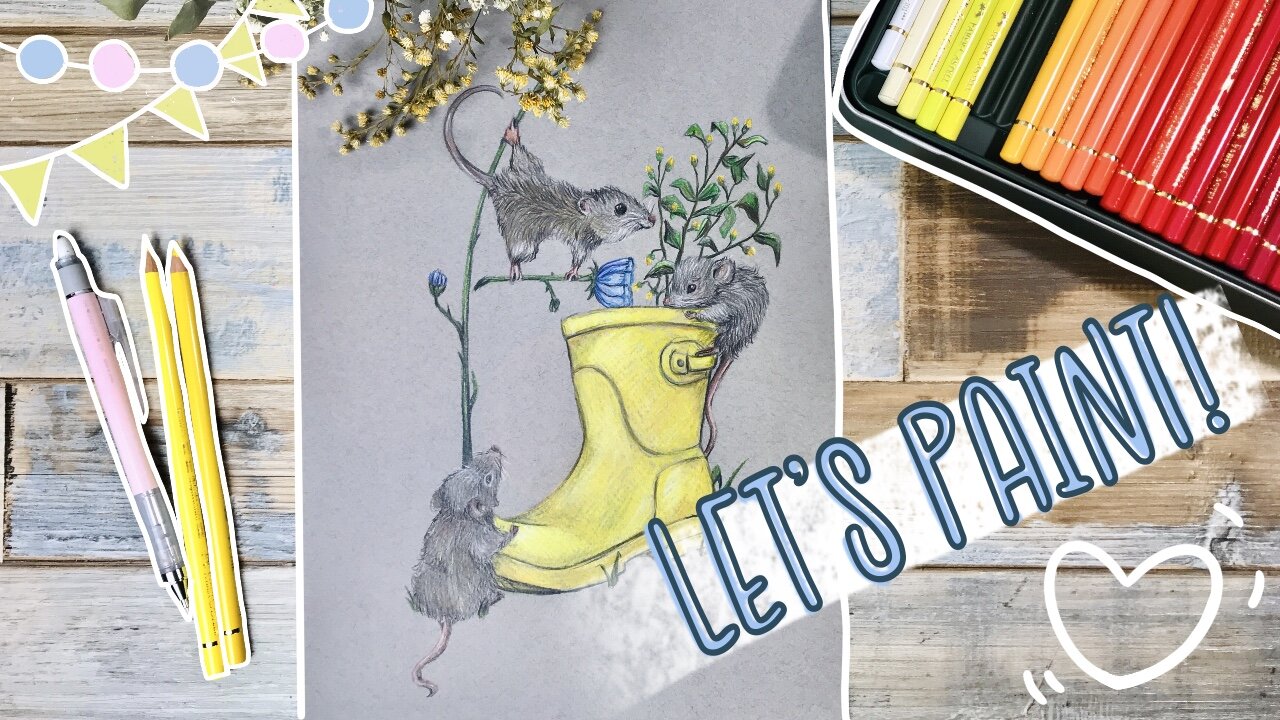 Field mouse with flowers pencil art Paint with me video