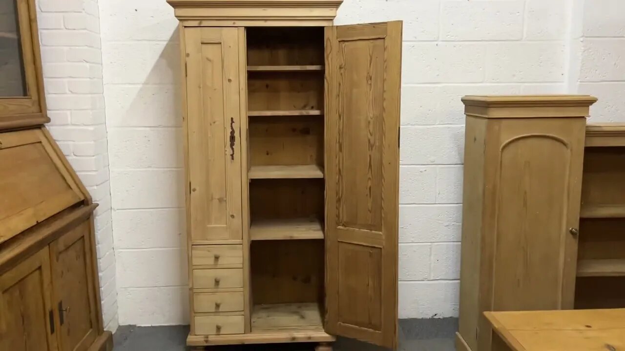 Tall Slim 2 Door Pine Cupboard With Drawers (Y4252D) @PinefindersCoUk