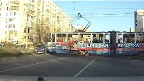 Car rammed by tram in Russia!