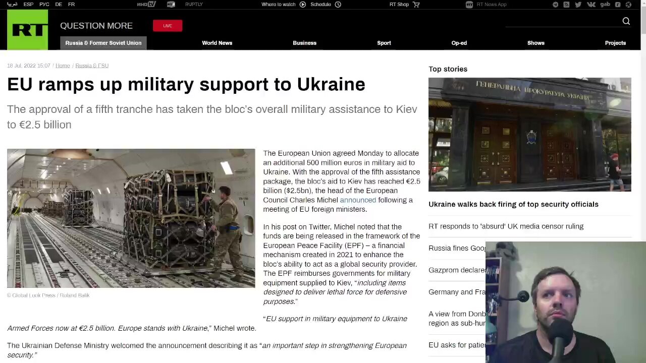 The EU approves of a fifth tranche of $500mil in military aid to Ukraine