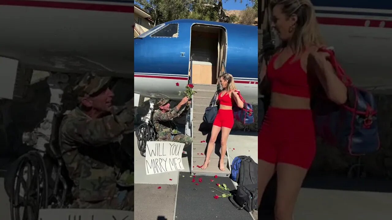 Her REACTION when she sees him!! Blonde haired woman gets off private jet while her military boyfr