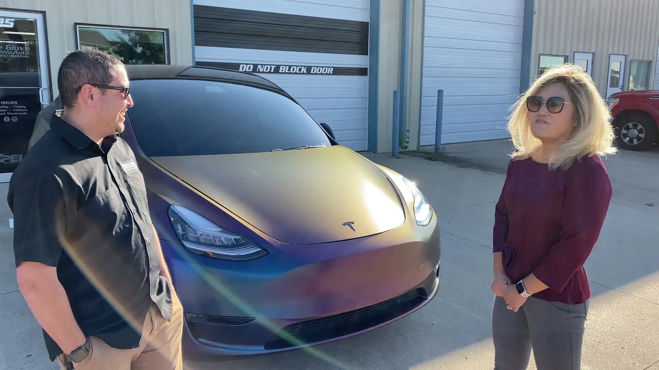 Tulsa Auto Wraps | White Glove Auto | Tesla Rushing Riptide Wrap