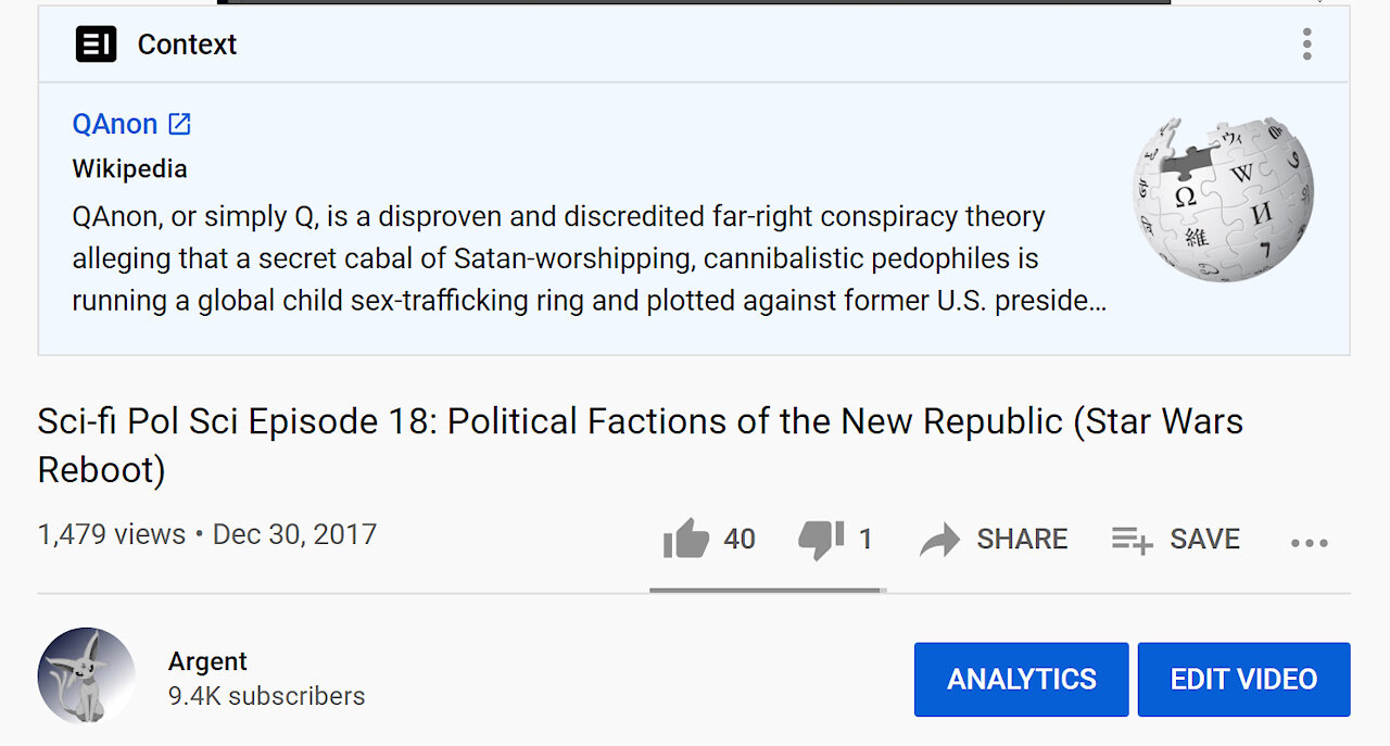 YouTube "Fact Checks" My 3 Year Old Star Wars Video By Posting Link to Wikipedia Article on QAnon