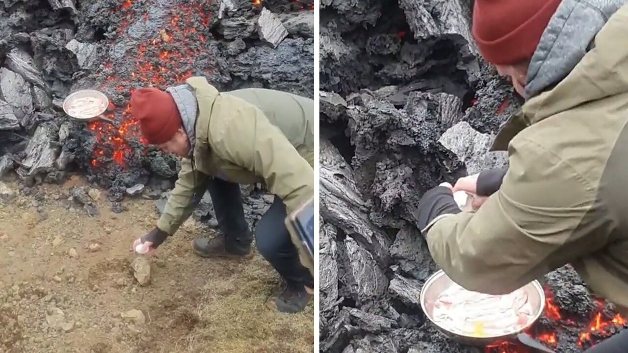 Cooking bacon and eggs on an erupting volcano