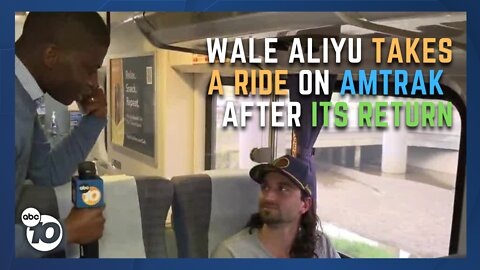 Anchor Wale Aliyu takes a ride on Pacific Surfliner after rail service resumes