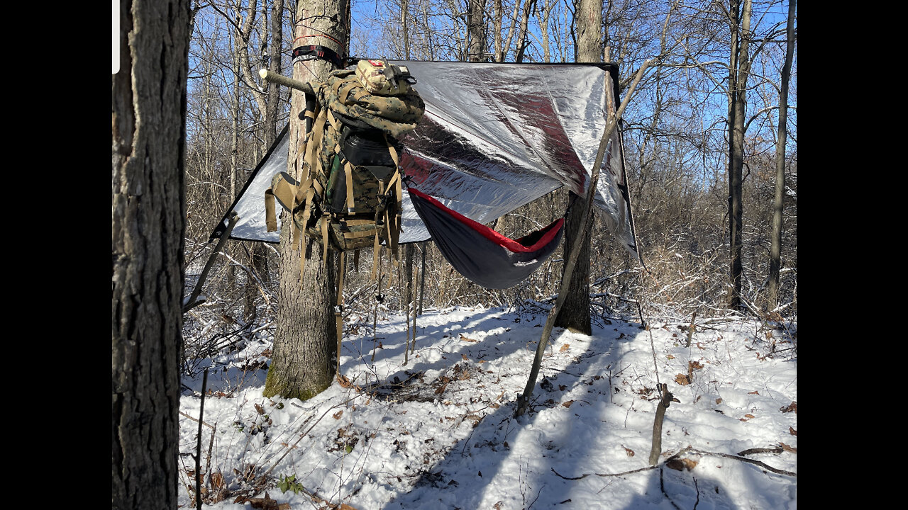 Hammock camp with military surplus gear in subzero temperatures