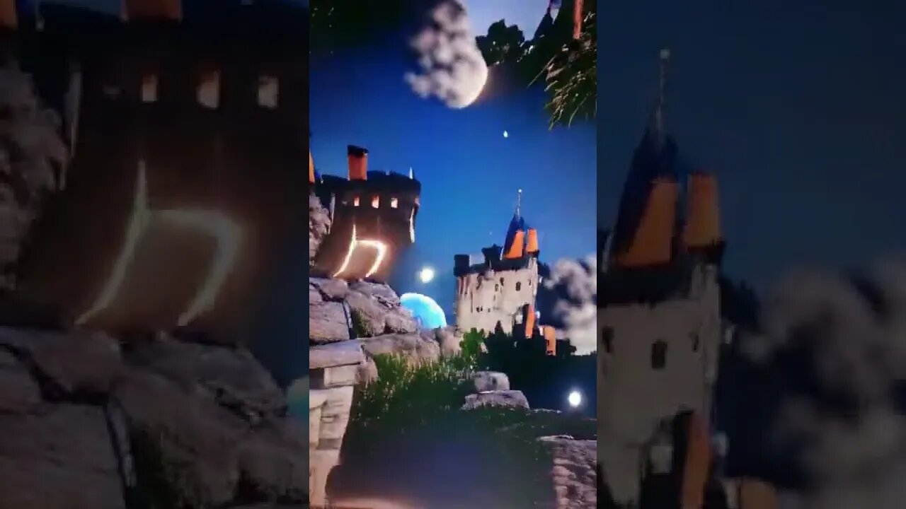 a castle in the distance with a lit-up moon in the sky. AI Art Animations Shorts