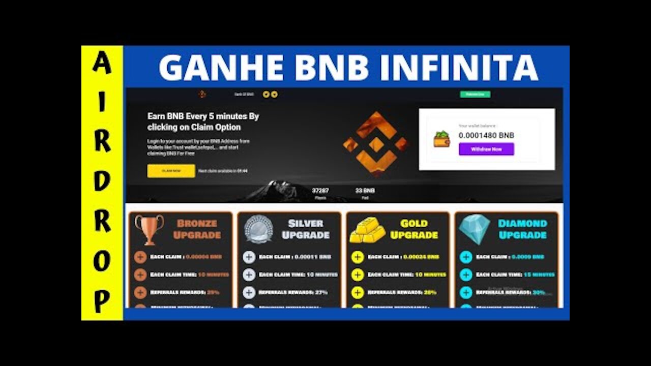 GANHE BNB INFINITA RETIRO MINIMO 0.004BNB DIRETO NA SUA CARTEIRA BEP20 CORRE ANTES QUE ACABE