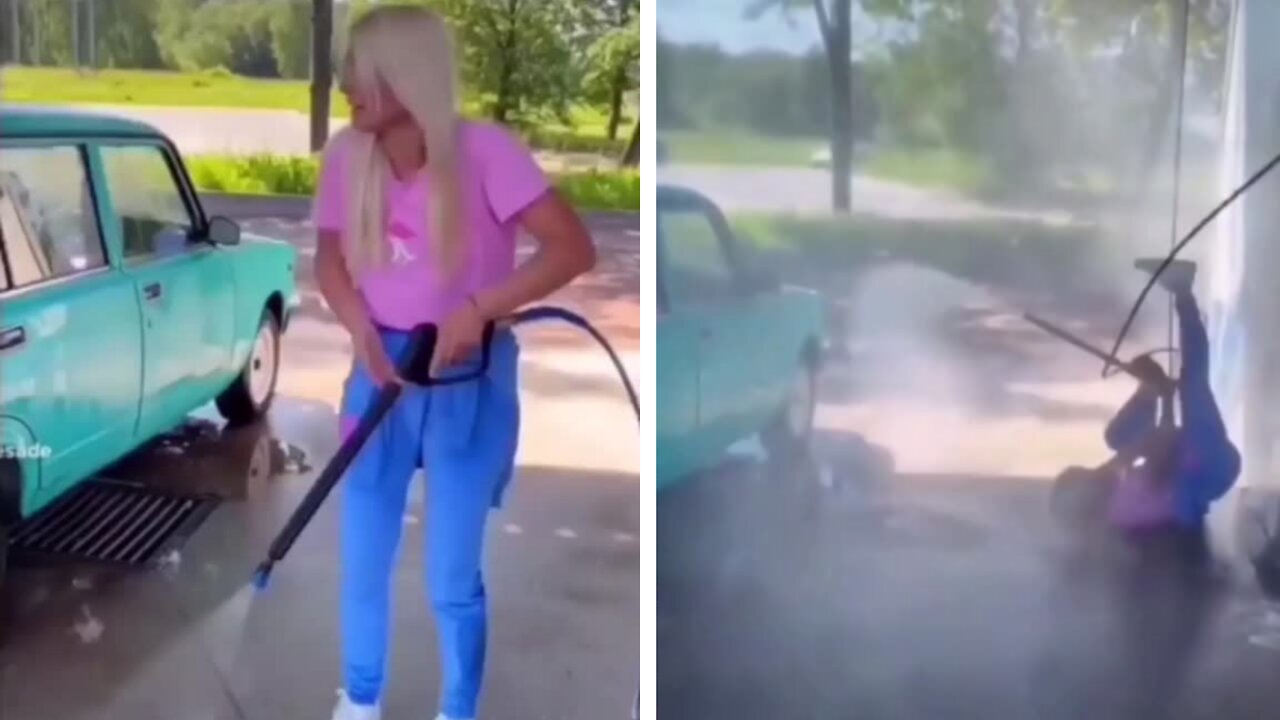 Girl could not handle the heavy pressure of the hose pipe