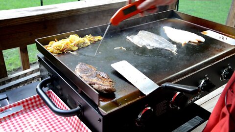Flounder, Top Sirloin, and Summer Squash on the 36" Blackstone