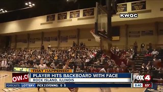 Basketball player hits backboard with face