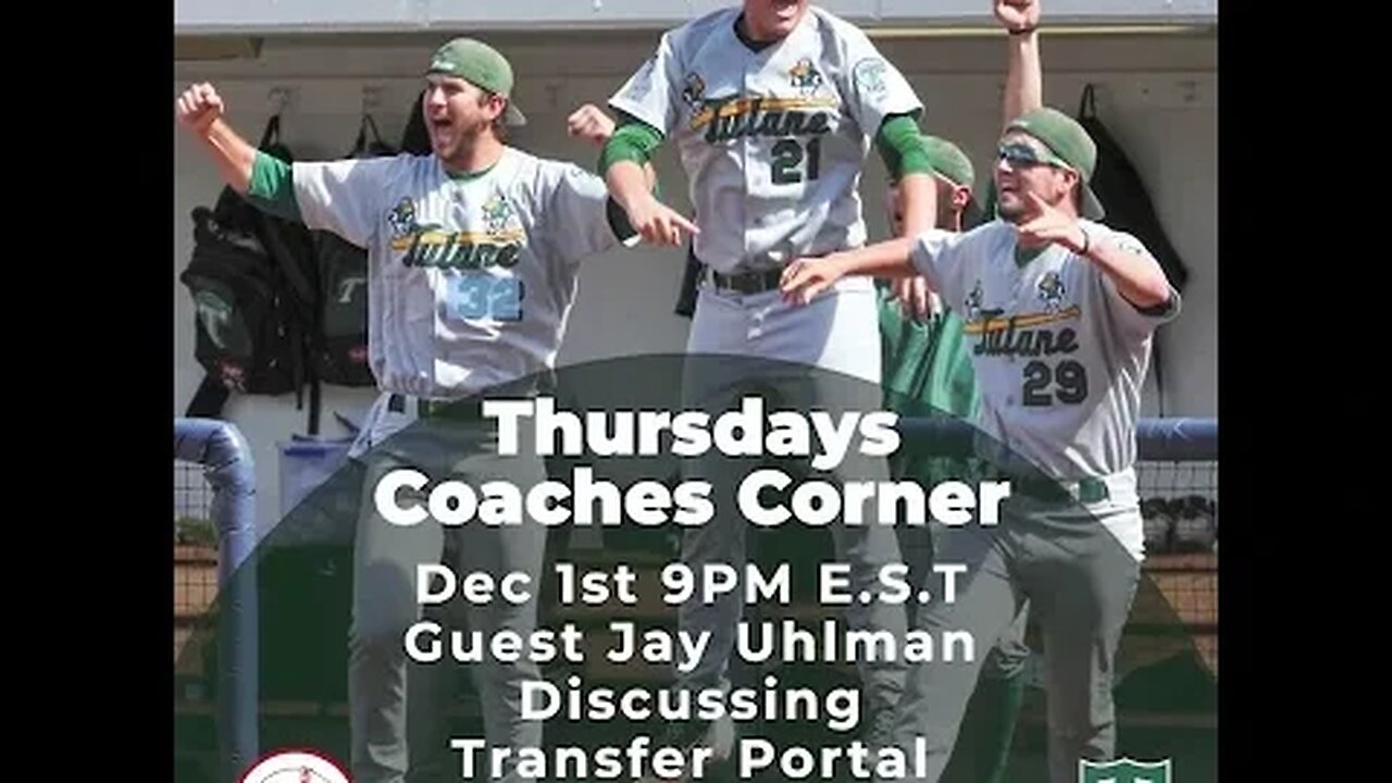 Thursday, December 1 at 9pm Coaches Corner with guest Jay Uhlman -Head Coach Tulane. #baseball