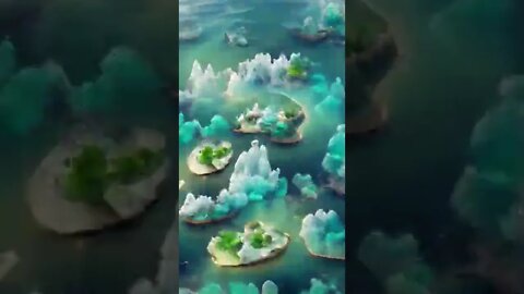a surreal and ethereal landscape of floating islands and crystalline waters...animation