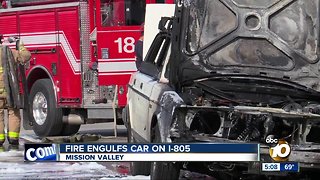 Fire engulfs car on Interstate 805 in Mission Valley