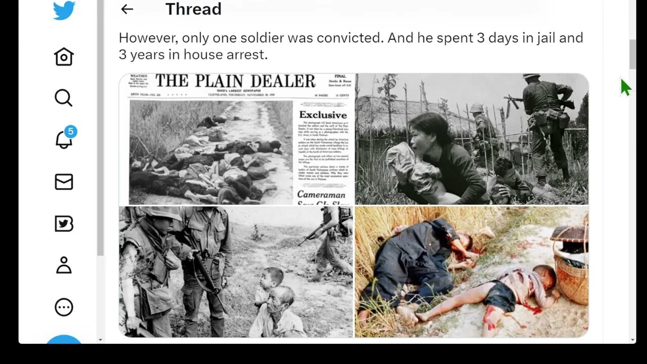 🟨 [美萊大屠殺] 1968 年 3 月 16 日，美國士兵殺死了至少 500 名兒童，老人、年輕女孩和婦女在槍殺之前被強姦。 村莊被縱火燒毀