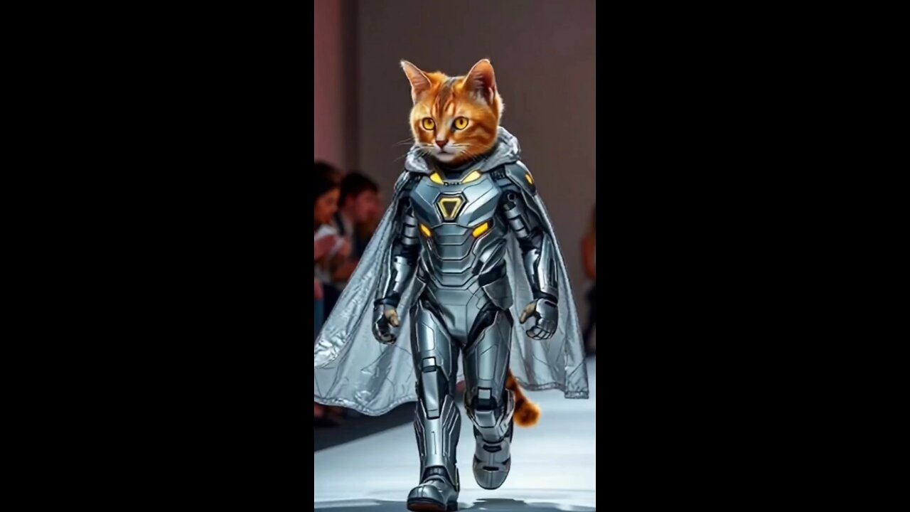 "Baby Thor, Batman, and Iron Man shine in silver suits, rocking the runway with cat-like charm!"