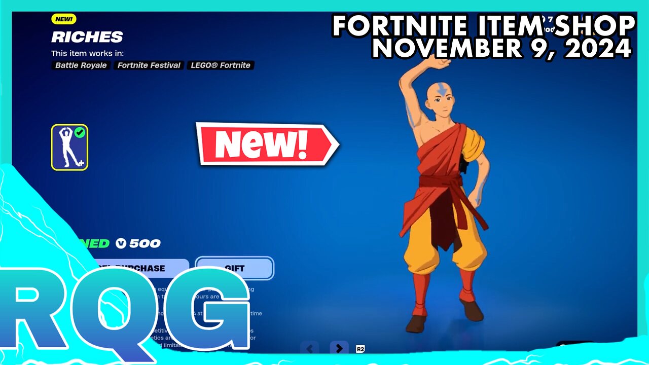 "NEW" RICHES EMOTE+”NEW” AANG BUNDLEFORTNITE ITEM SHOP (November 9, 2024)