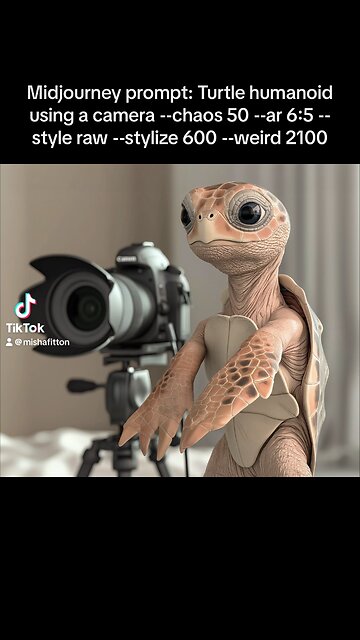 Midjourney prompt: Turtle humanoid using a camera --chaos 50 --ar 6:5 --stylize 600 --weird 2100