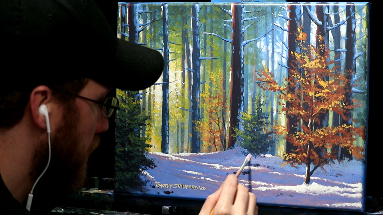 Acrylic Landscape Painting of a Snowy Autumn Forest - Time Lapse - Artist Timothy Stanford