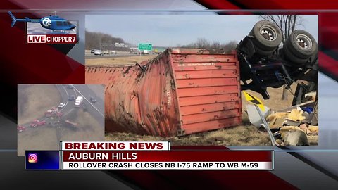 Overturned semi closes NB I-75 ramp to WB M-59