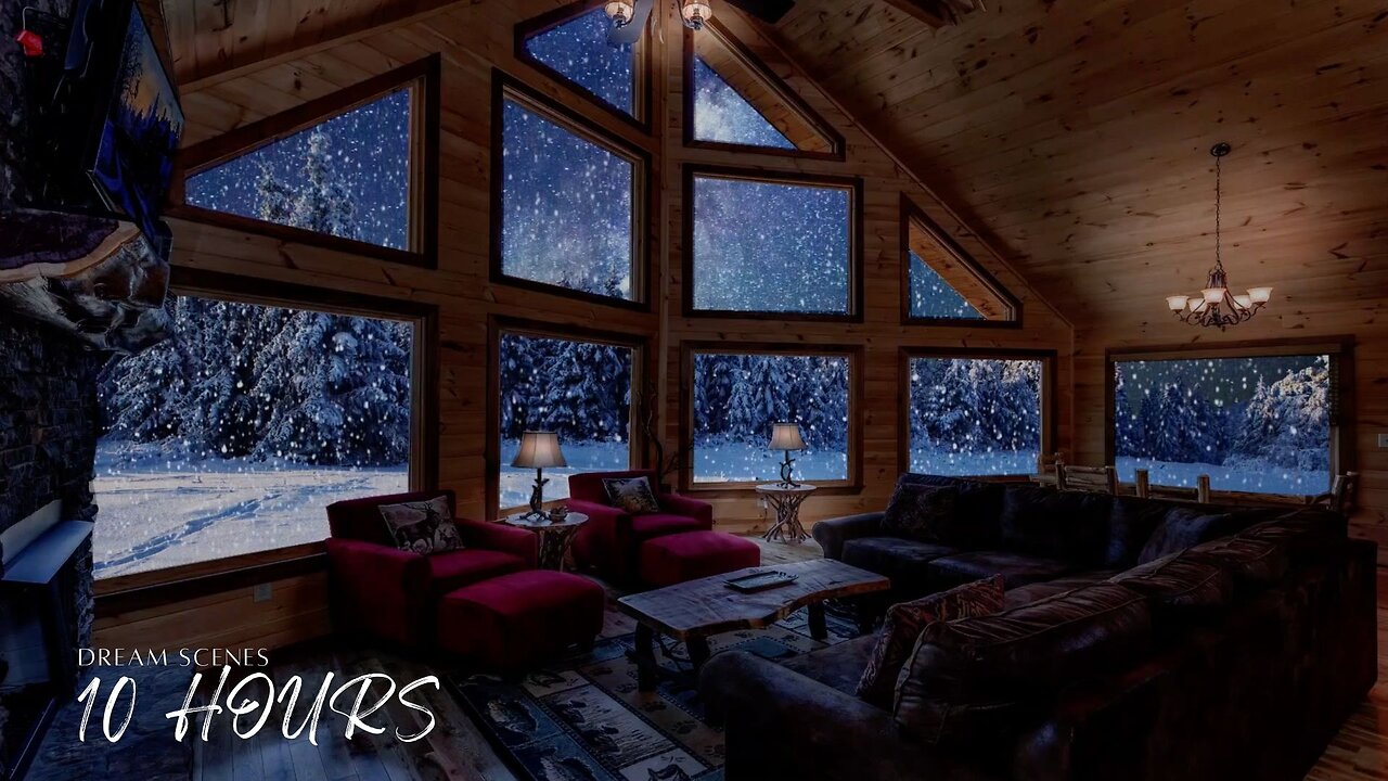 Relaxing Winter Winds in a Warm Mountain Cabin With Fireplace - White Noise For Sleep