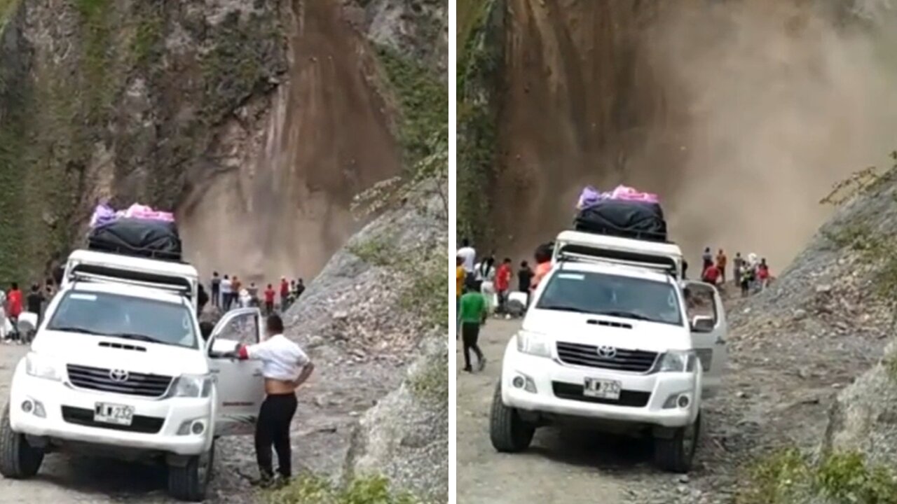 Massive land slides in front of group of people in terrifying video