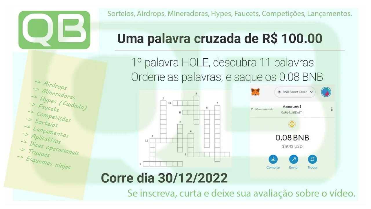 Resolva a palavra cruzada e leve pra casa 0.08 BNB ~ 100 reais.