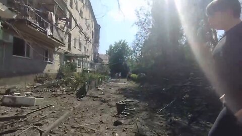 Damage at a residential building in Donetsk from an attack by Ukraine