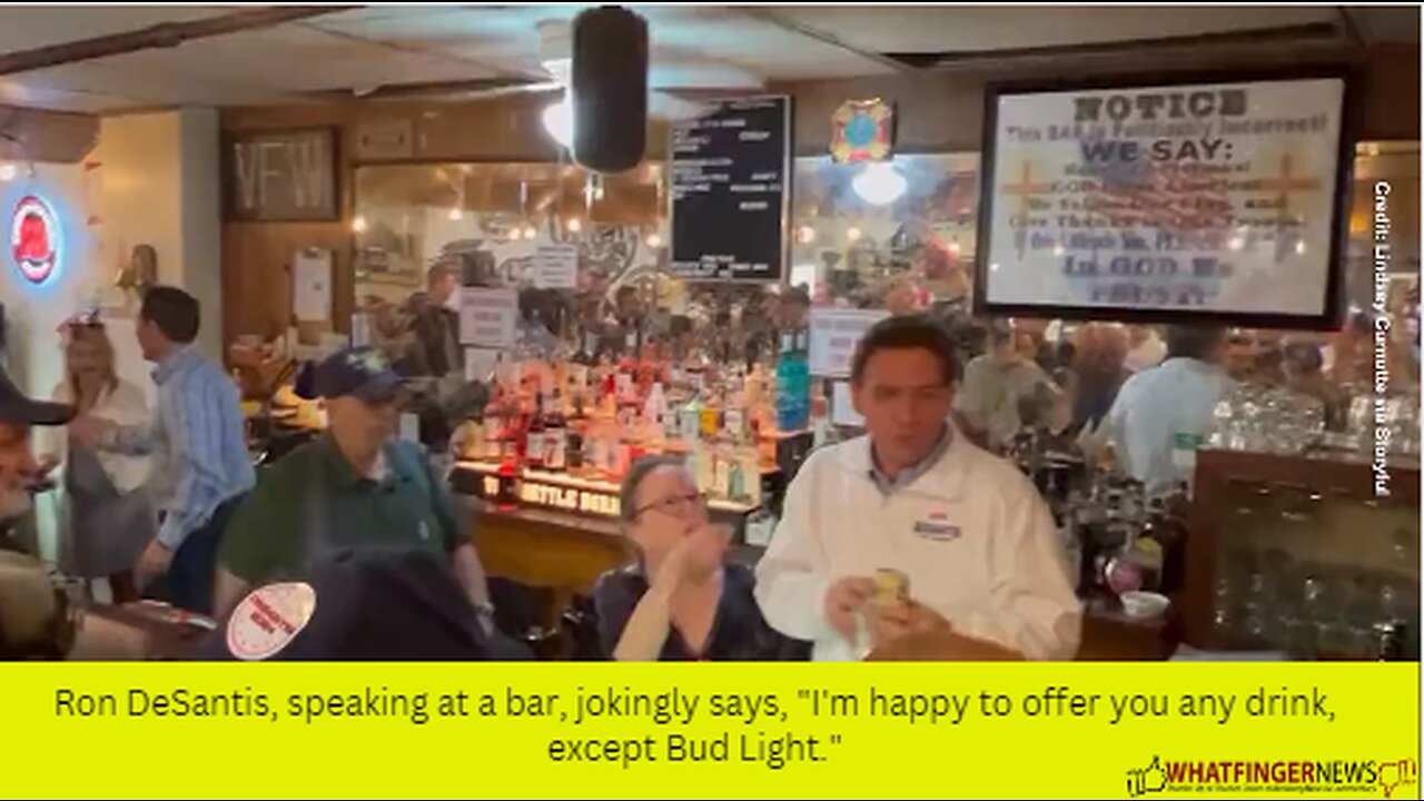 Ron DeSantis, speaking at a bar, jokingly says, "I'm happy to offer you any drink