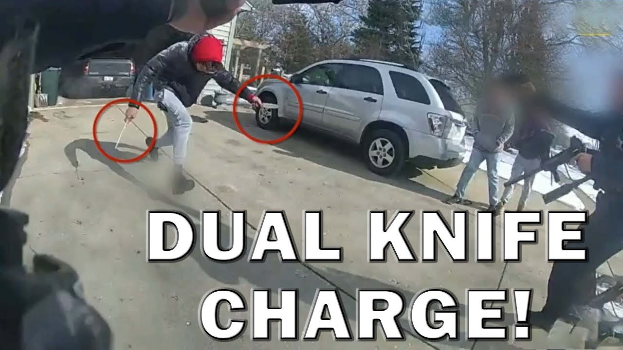 Bad Guy Dual Wielding Knives Charges At Cops On Video! LEO Round Table S08E15