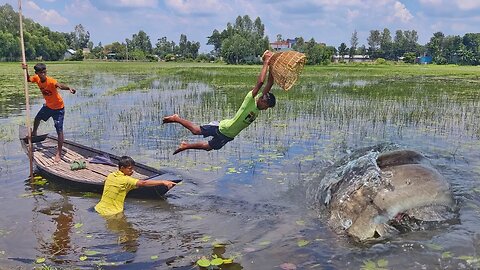 Little Boy Hunting Fish By Boat Jumping! Village From Beautiful Nature Boat Flying Of Big Fish Catch