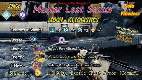 Destiny 2 Master Lost Sector: Moon - K1 Logistics on my Arc Hunter Solo-Flawless 6-27-23