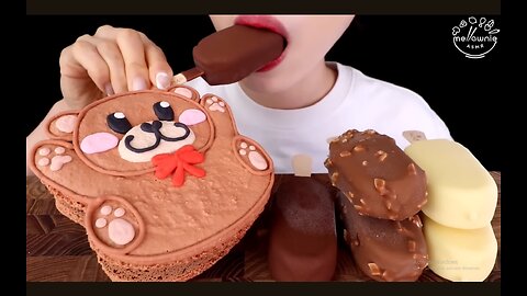 GIANT TEDDY BEAR MACARON CAKE, CHOCOLATE ICE CREAM, MAGNUM ASMR MUKBANG KOREAN