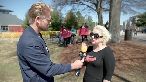 Kellie-Jay interviewed by Jon Root Outside the women's swim finals in Atlanta, again