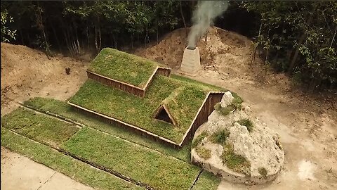 Building underground hut with grass roof & fireplace with clay Primitive Building