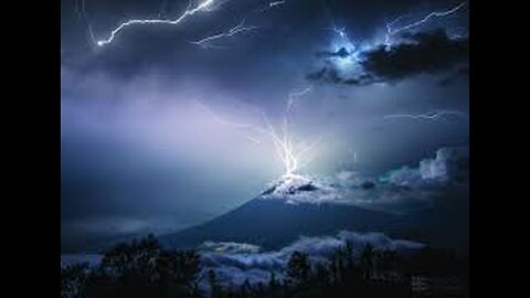 A scene of a lightning strike on volcano eruption