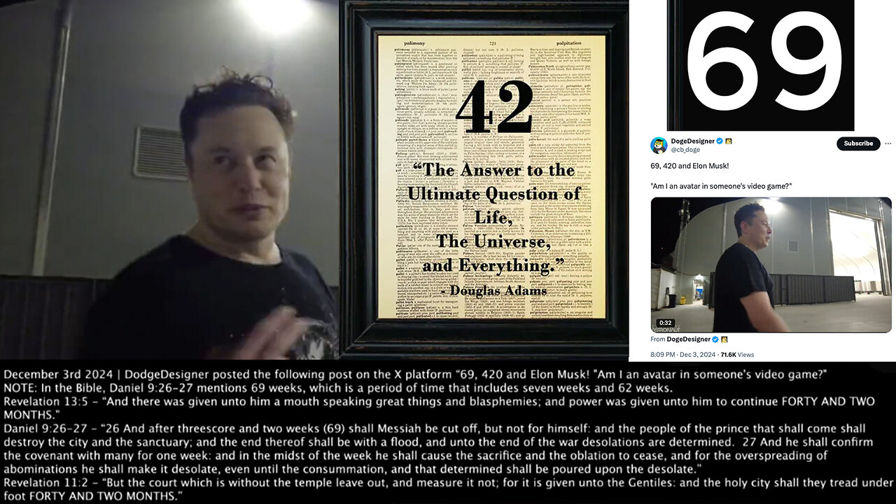 Elon Musk | “69, 420 & Elon Musk!" + What Does the Bible Say About 69 & 42? "Certain Numbers Seem to Be Recurring. Booster Is Actually 69 & Booster 4 Ship 20. I Was Born 69 Days After 420." Musk + Rev 13:5 & 11:2, Dan 9:26