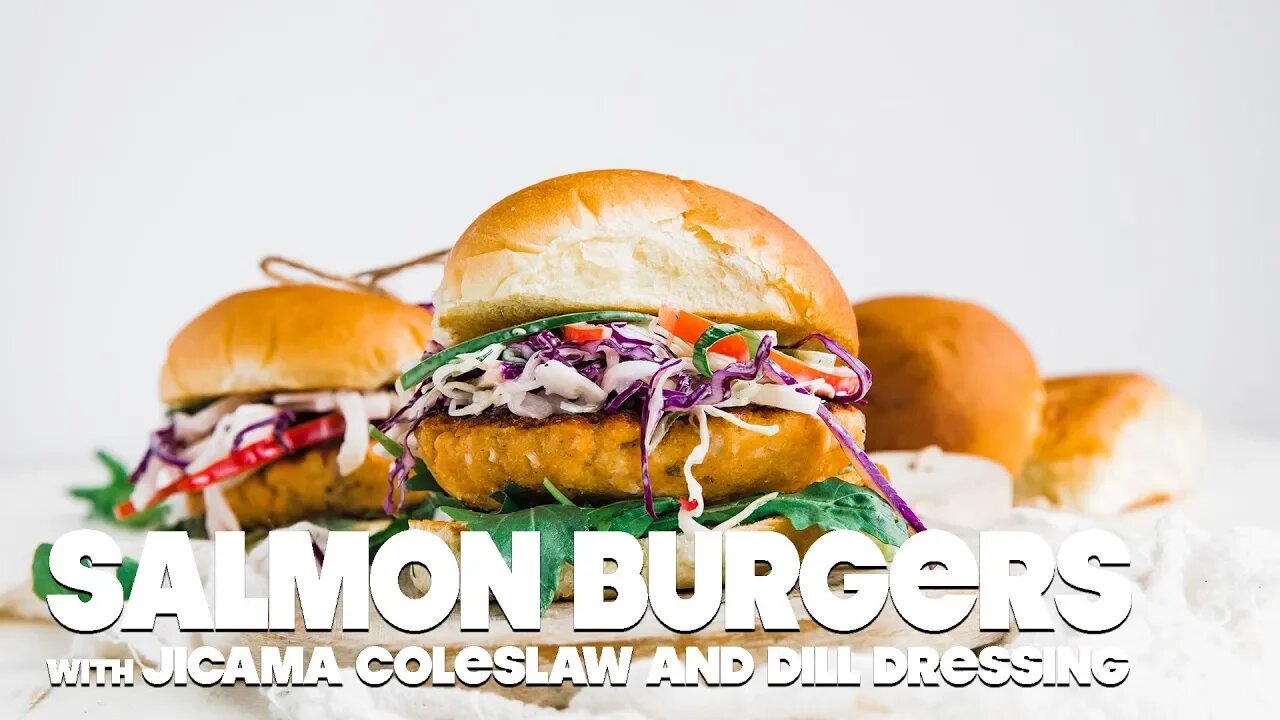 Salmon Burgers Recipe with Jicama Coleslaw and Dill Dressing