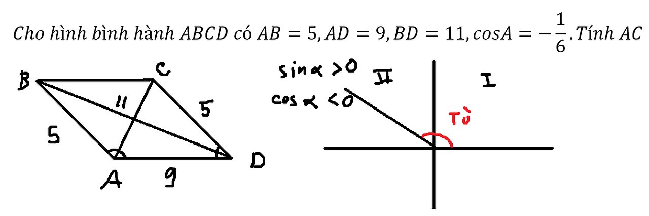 Toán 10: Cho hình bình hành ABCD có AB=5,AD=9,BD=11,cosA=-1/6.Tính AC