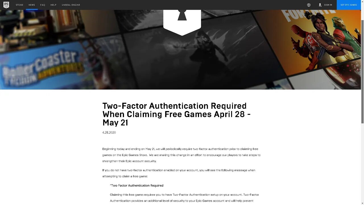 Two Factor Authentication Required When Claiming Free Games April 28 to May 21