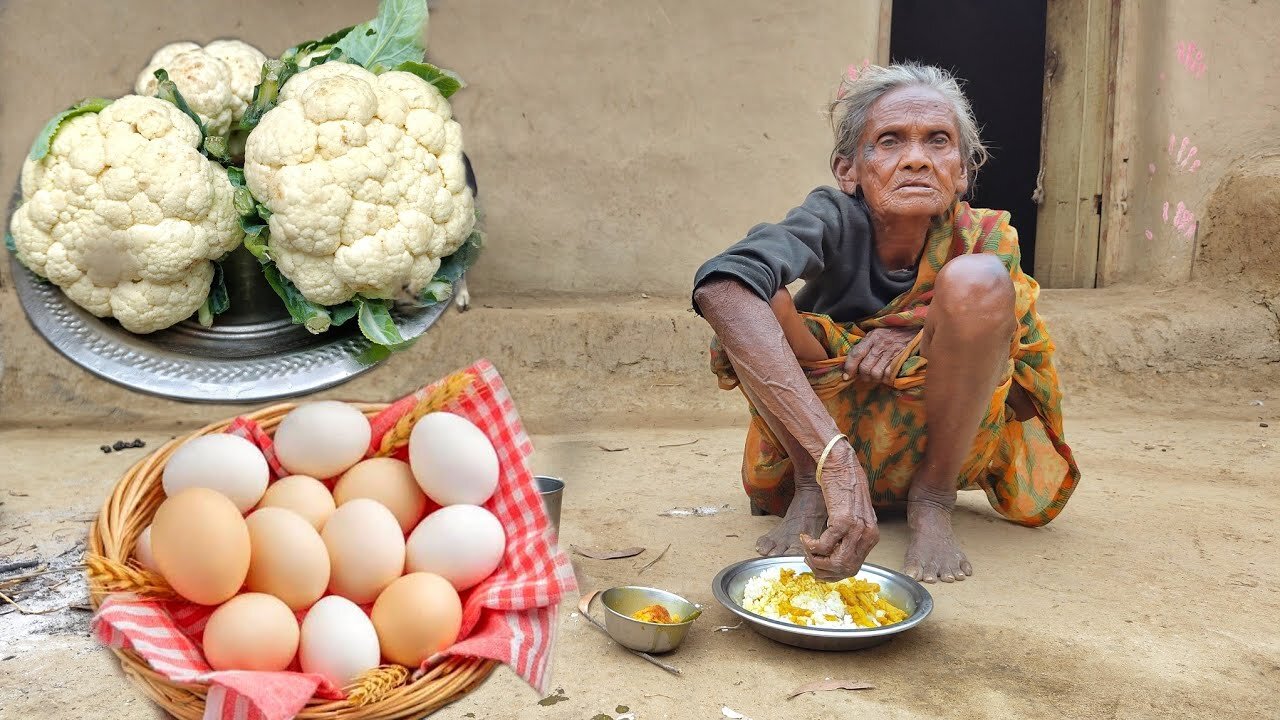 105 year old widow grandma eating EGG CURRY with Cauliflower recipe