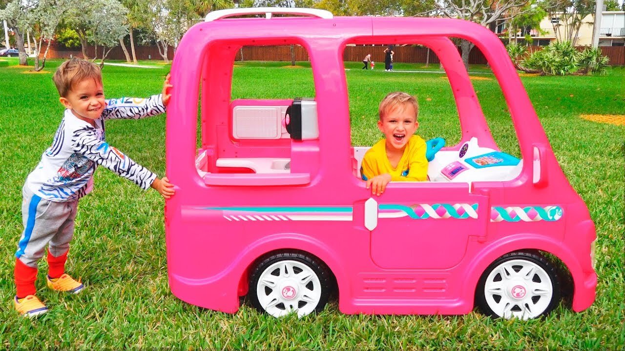 Vlad and Nikita ride on Barbie Car to camping