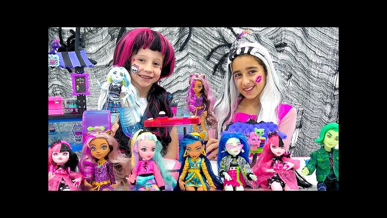 Nastya and a party at school in the style of Monster High toys