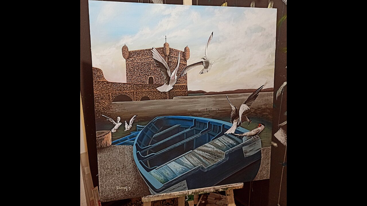 painting will not be breathtaking unless you capture the seagulls flying beside the blue boat