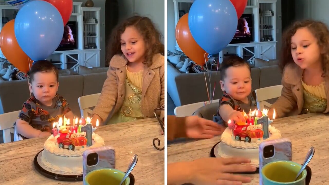 Excited Baby Uses His Hand To Put Out Birthday Candles