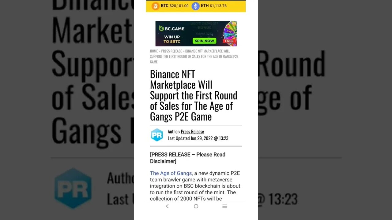Binance NFT Marketplace Will Support the First Round of Sales for The Age of Gangs P2E Game
