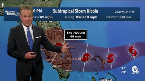 Subtropical Storm Nicole track, 10 p.m. advisory for Nov. 7, 2022