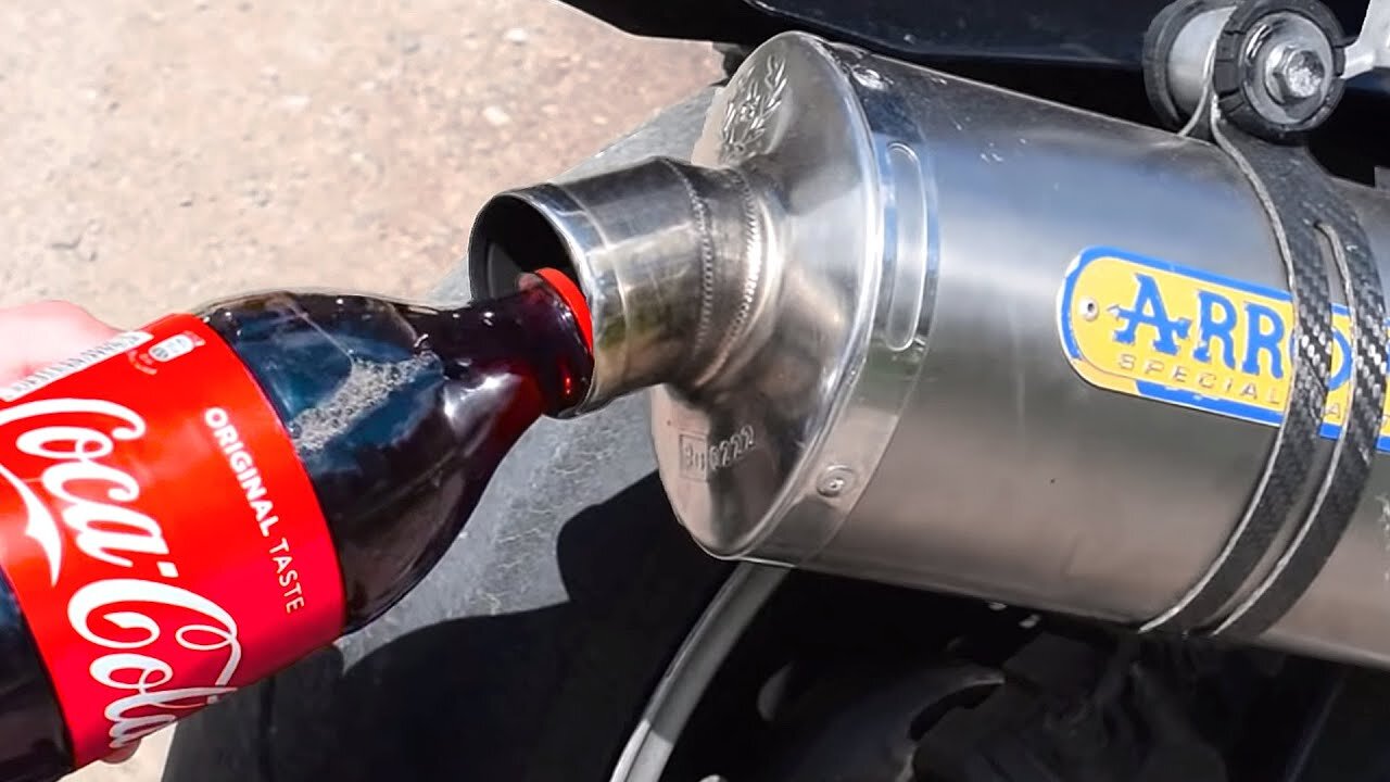 POURING COCA COLA IN A MOTORCYCLE EXHAUST