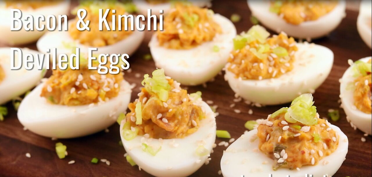 Bacon and Kimchi Deviled Eggs. delicious